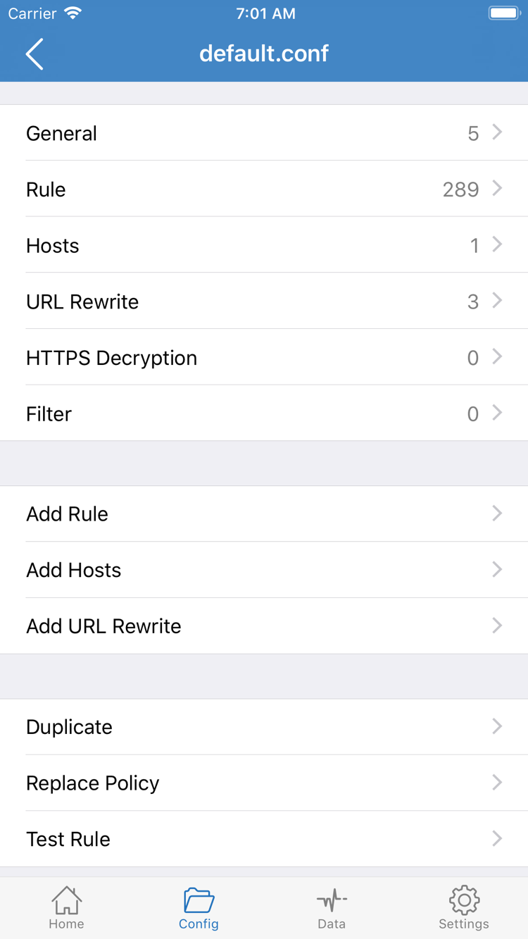 Shadowrocket의 Config 구성 편집 화면. General, Rule, Hosts, URL Rewrite, HTTPS Decryption 항목과 Add Rule이 표시됩니다.