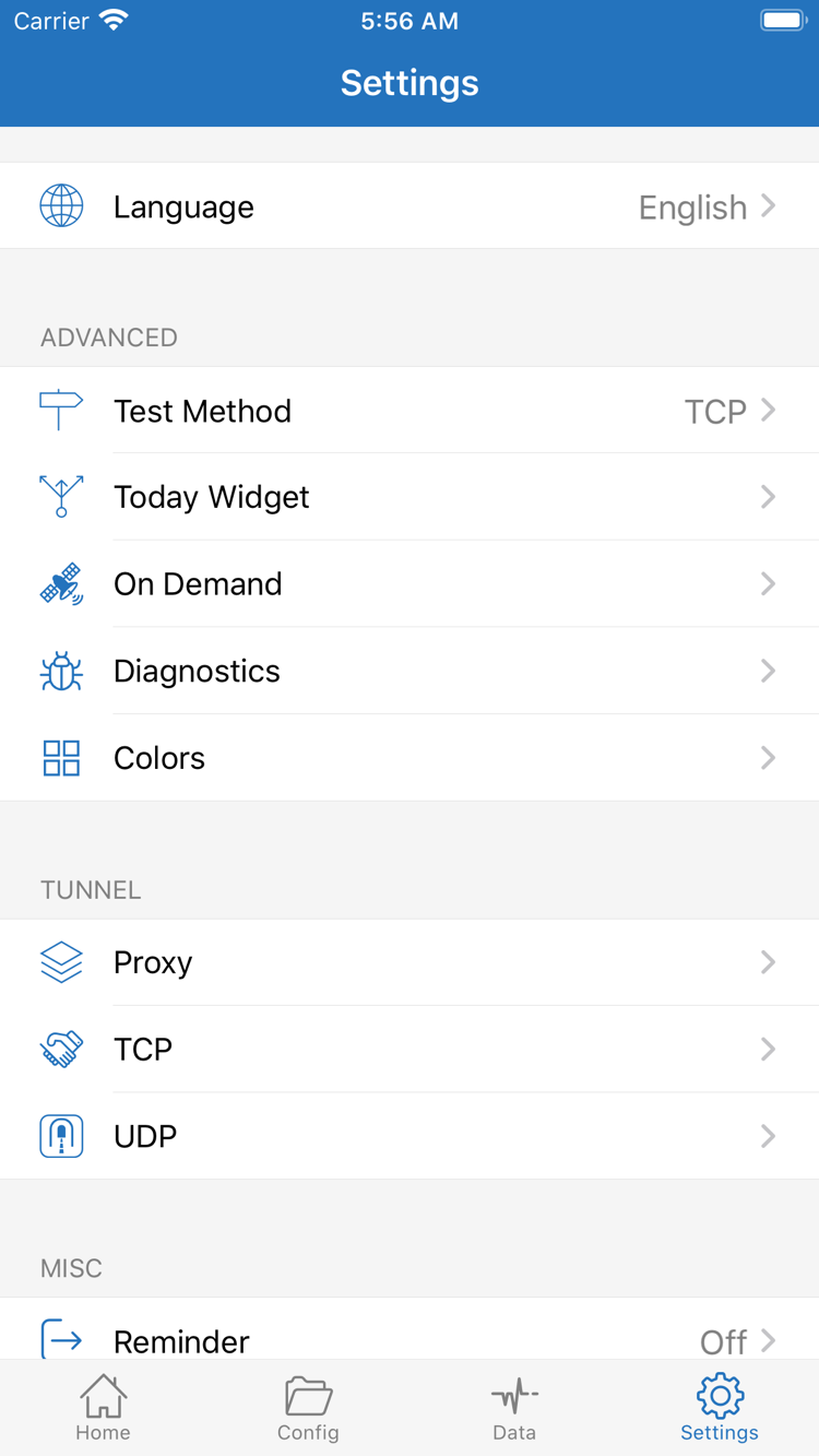 Shadowrocket의 Settings 화면. Language, Test Method, Today Widget, On Demand, Diagnostics, Proxy, TCP, UDP가 표시됩니다.